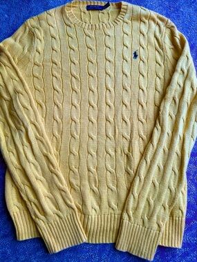 VINTAGE Polo by Ralph Lauren Bright Yellow Cable-Knit Crewneck Sweater, M